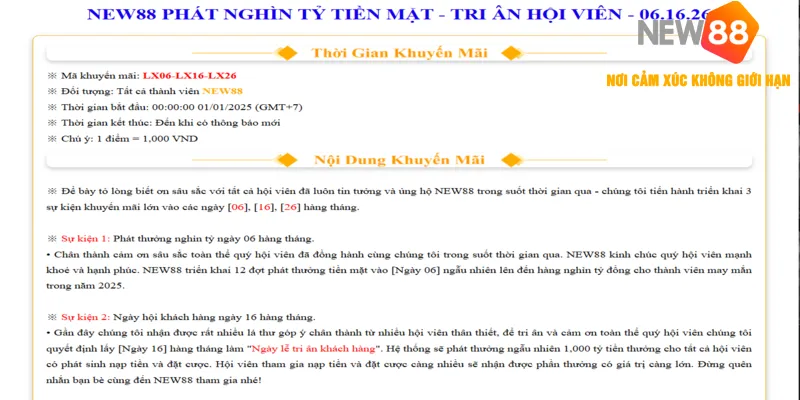 NEW88 Ưu Đãi Ngày Vàng - Tận Hưởng Chiến Thắng Ngập Tràn 2026 2 Nội dung ưu đãi ngày vàng chi tiết